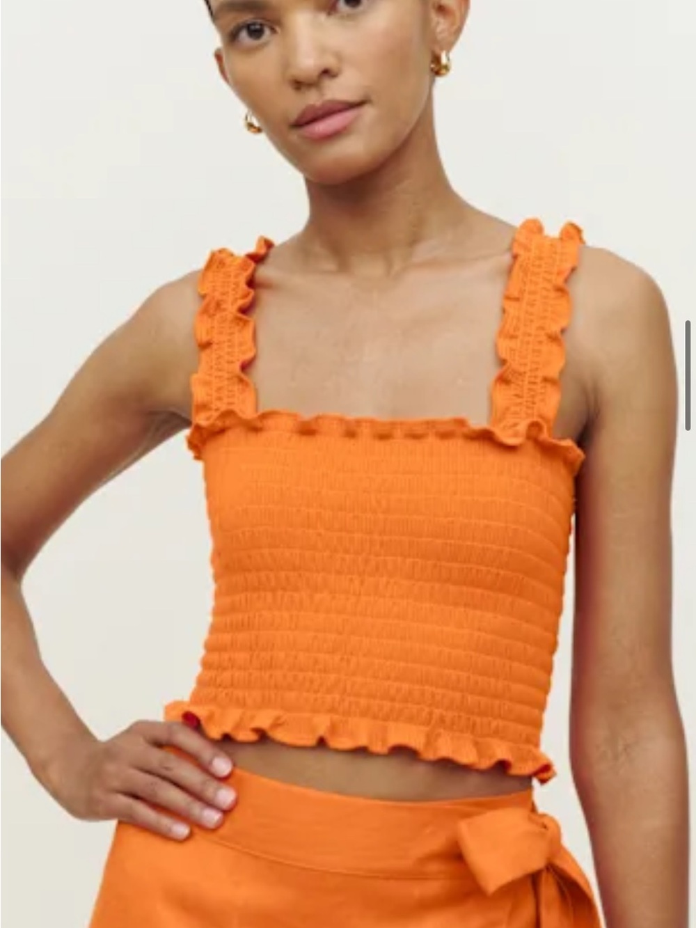 Reformation Orange Smocked Ruffle-Trim Crop Top